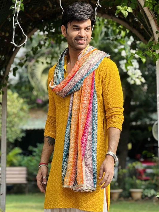 Men's Multicolour Printed Poly Chinon Dupatta for Kurta/Sherwani/Achkan