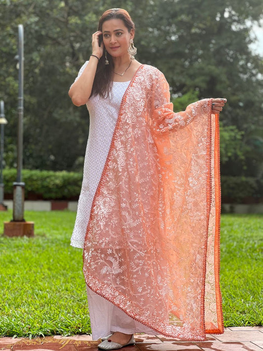 Embroidered Parsi Gara Thread Work Peach Organza Dupatta