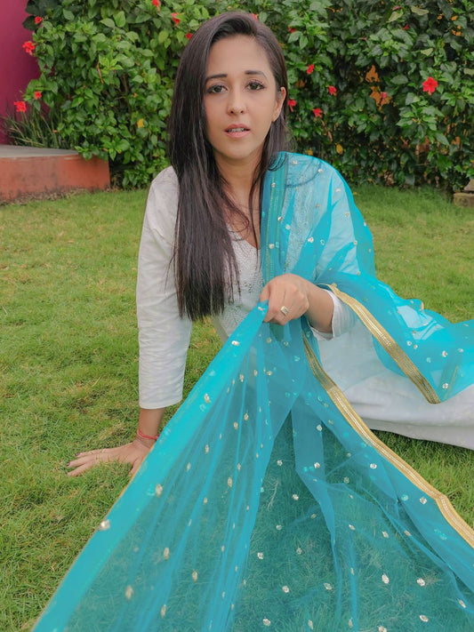 Embellished Net Teal Blue Dupatta