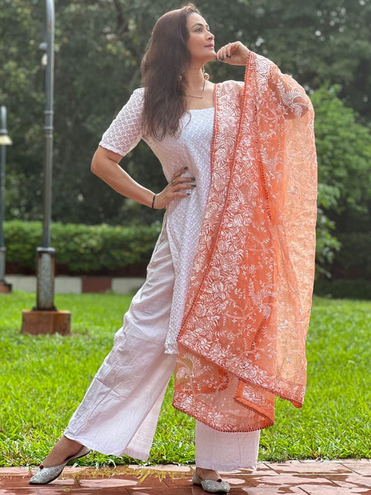 Embroidered Parsi Gara Thread Work Peach Organza Dupatta