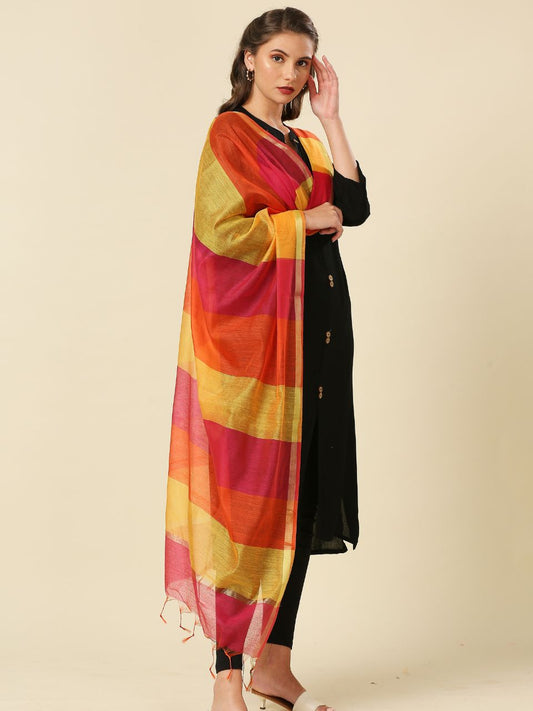Multicolour Cotton Silk Striped Silk Dupatta