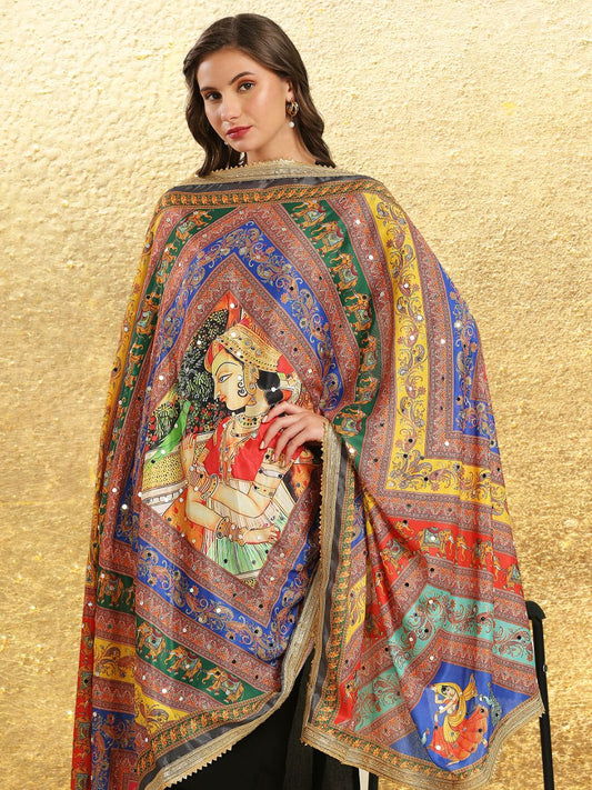 Multicolour Digitally Printed Pakistani Mirror Work Dupatta
