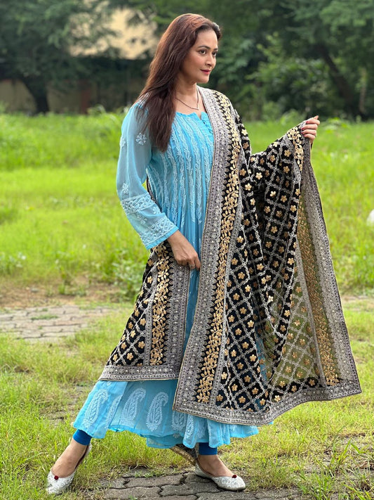Black Georgette Lucknowi Work dupatta with Gotta Patti Work