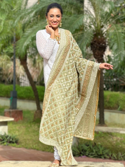 Olive Green Georgette Lucknowi Work dupatta with Gotta Patti Work