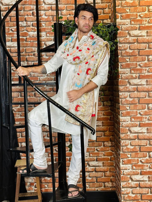 Men's Embroidered White & Multi Dupatta for Kurta/Sherwani/Achkan
