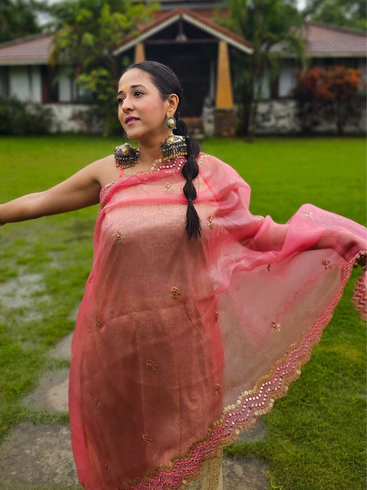 Embroidered Rose Pink Glass Tissue Dupatta with Mirror Work