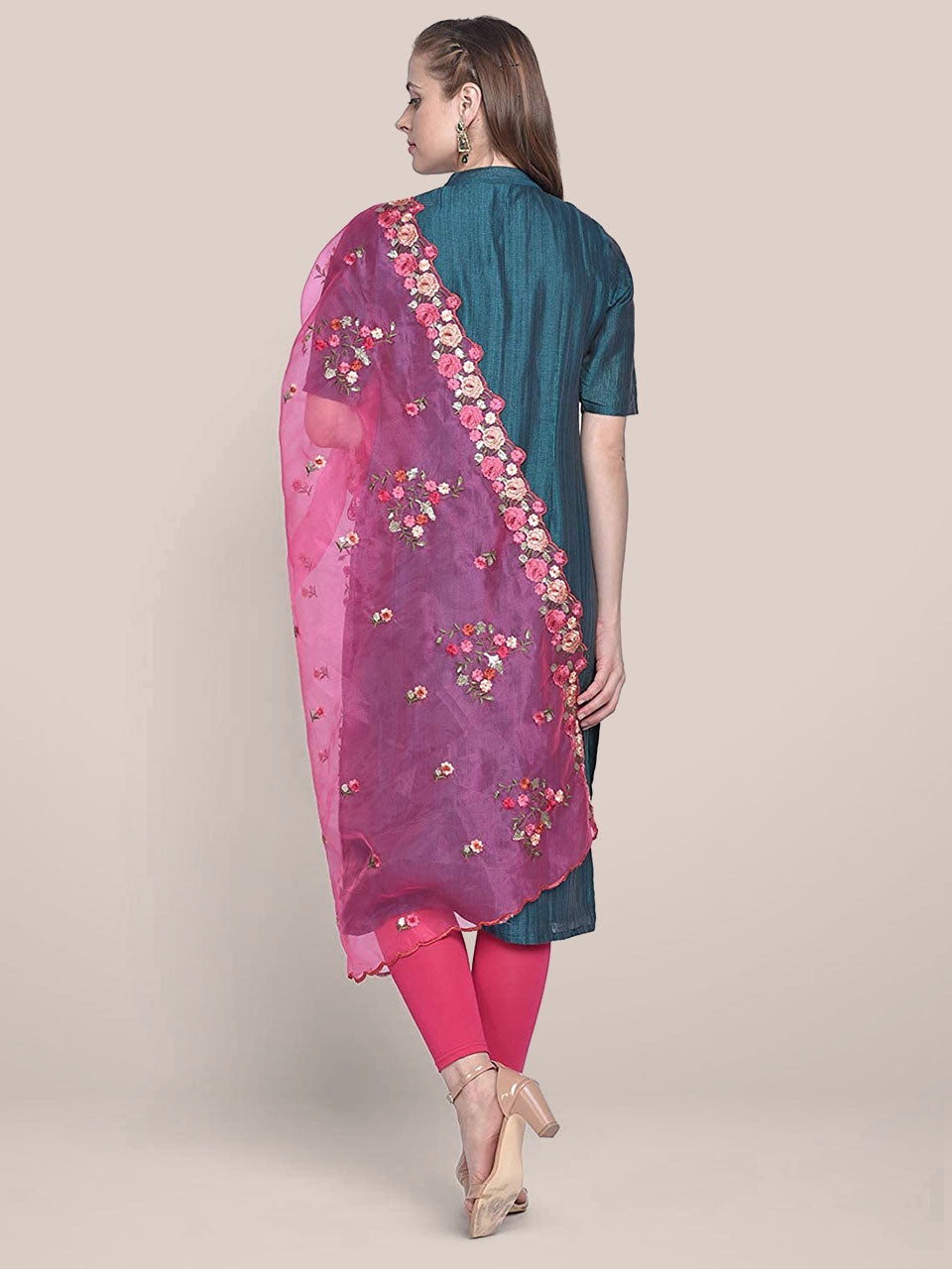 Pink Organza Dupatta with Multicolor Floral Embroidery freeshipping - Dupatta Bazaar