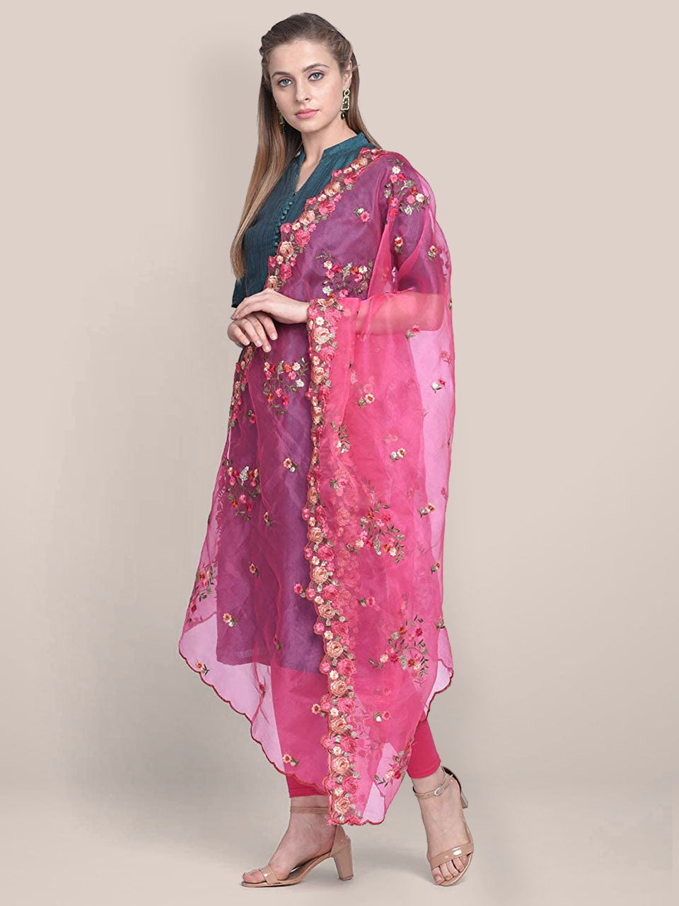 Pink Organza Dupatta with Multicolor Floral Embroidery freeshipping - Dupatta Bazaar