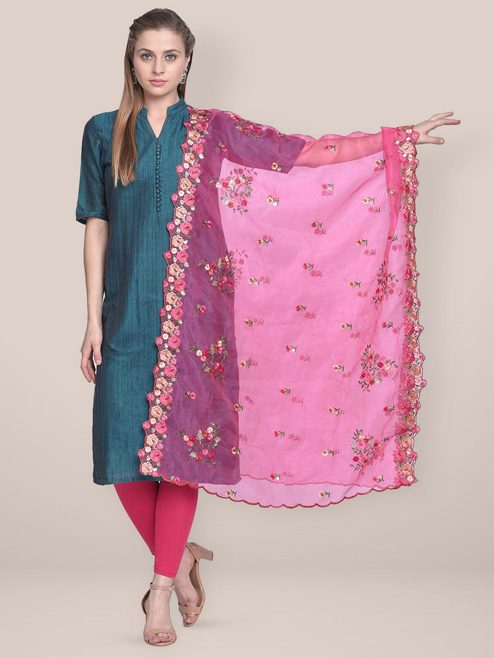 Pink Organza Dupatta with Multicolor Floral Embroidery freeshipping - Dupatta Bazaar
