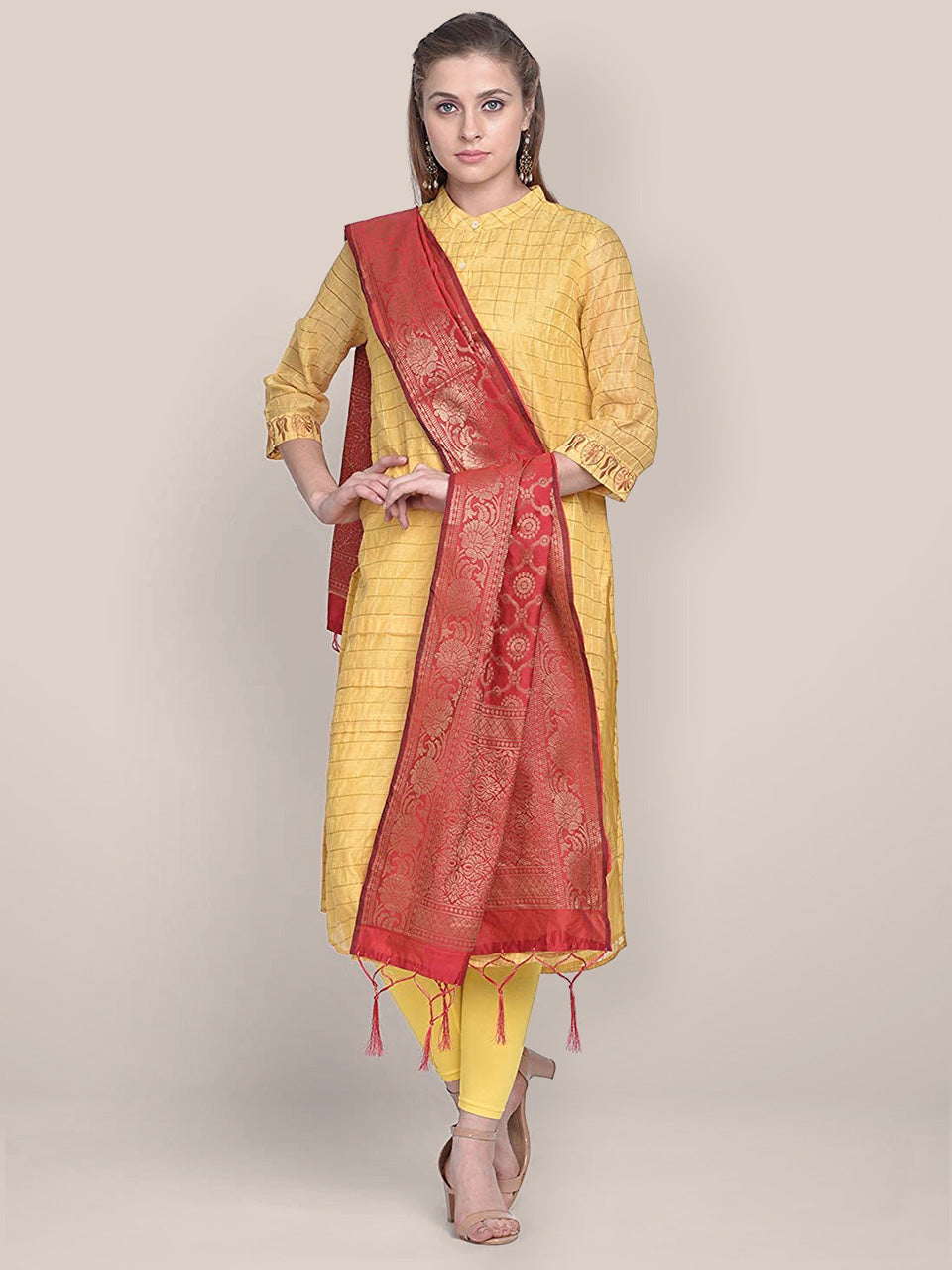 Red Banarasi Silk Dupatta with floral design. freeshipping - Dupatta Bazaar