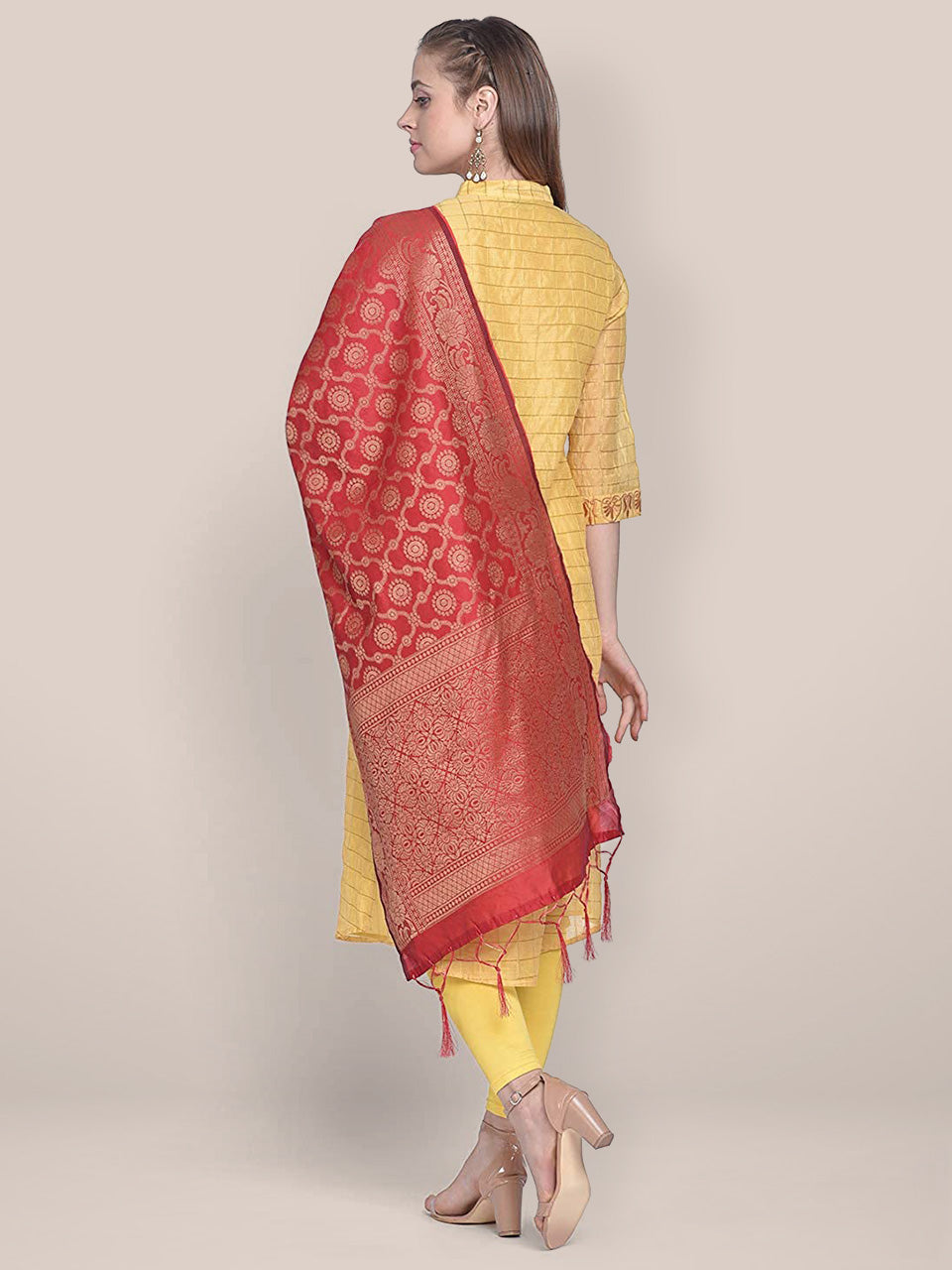 Red Banarasi Silk Dupatta with floral design. freeshipping - Dupatta Bazaar
