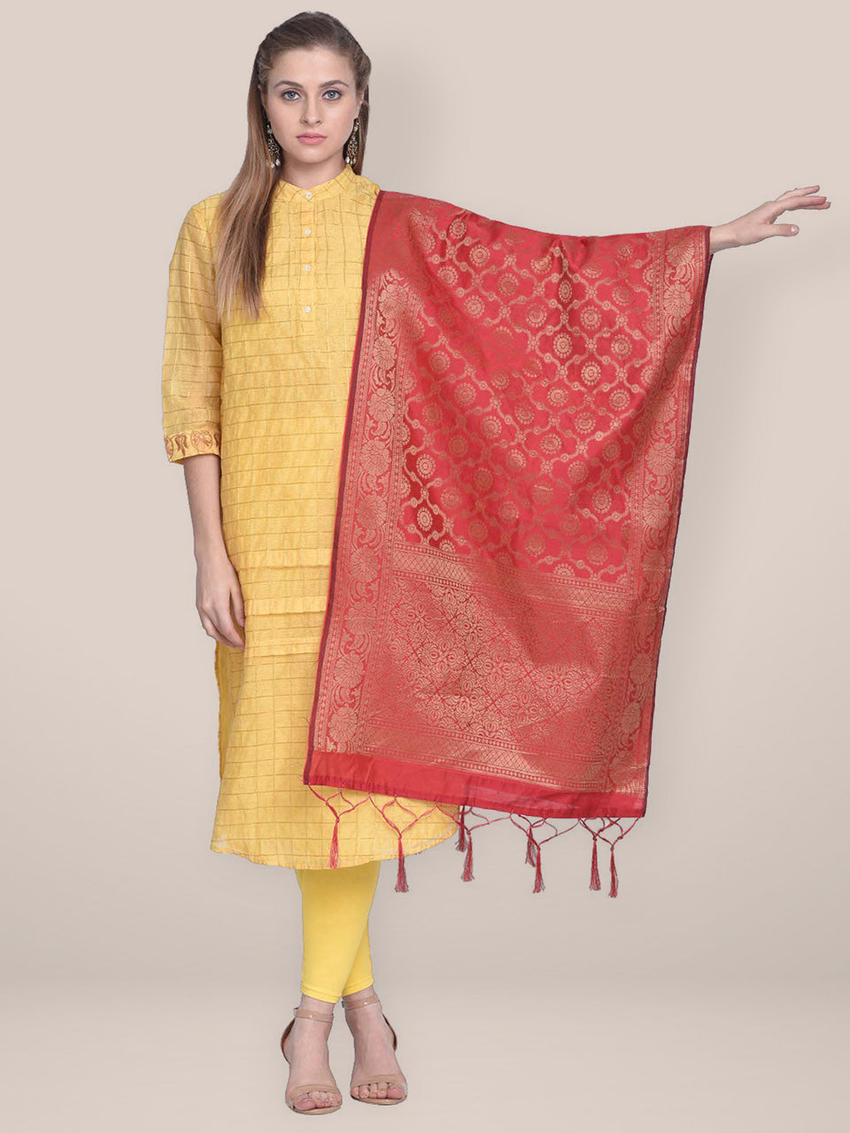 Red Banarasi Silk Dupatta with floral design. freeshipping - Dupatta Bazaar