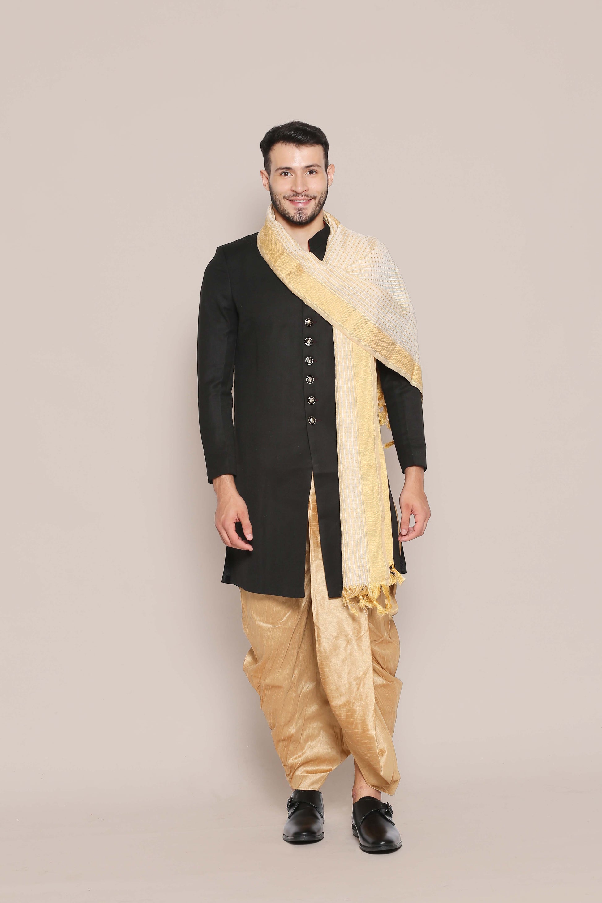 Men's Beige Woven Cotton Chanderi Dupatta. freeshipping - Dupatta Bazaar