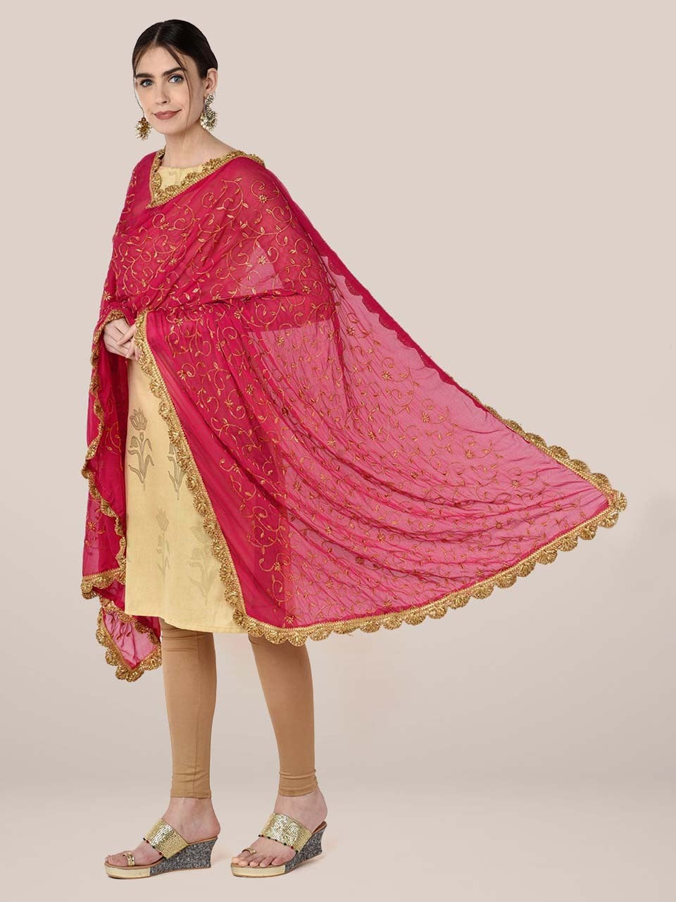 Rani Pink Chiffon Dupatta with Gold Embroidery freeshipping - Dupatta Bazaar
