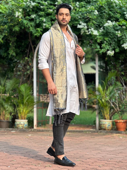 Men's Grey Banarasi Silk Dupatta for Kurta/Sherwani/Achkan