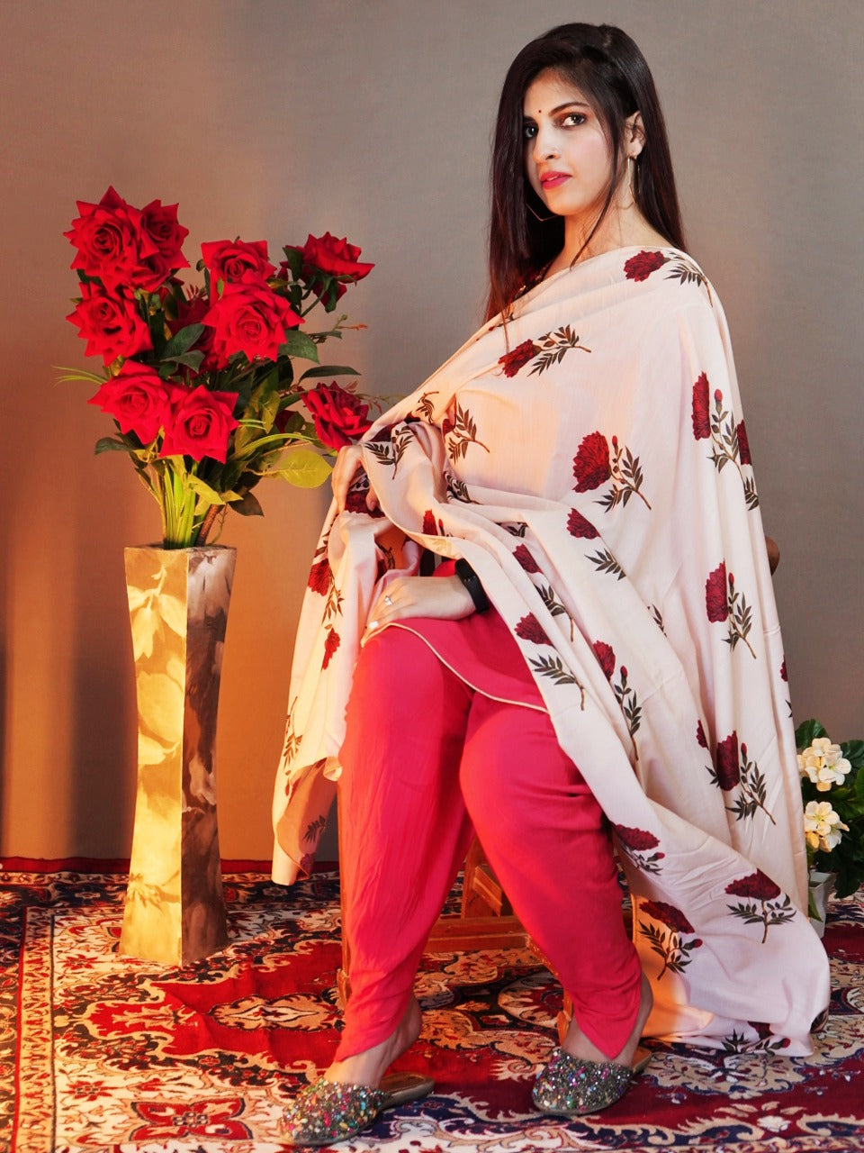 Printed Cream & Multicoloured Silk Dupatta freeshipping - Dupatta Bazaar