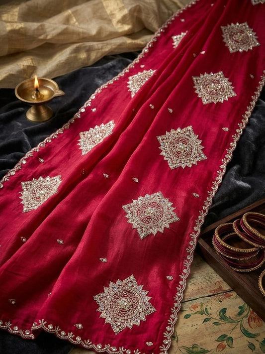 Motif Embroidered Glass Tissue Dupatta in Cherry Red