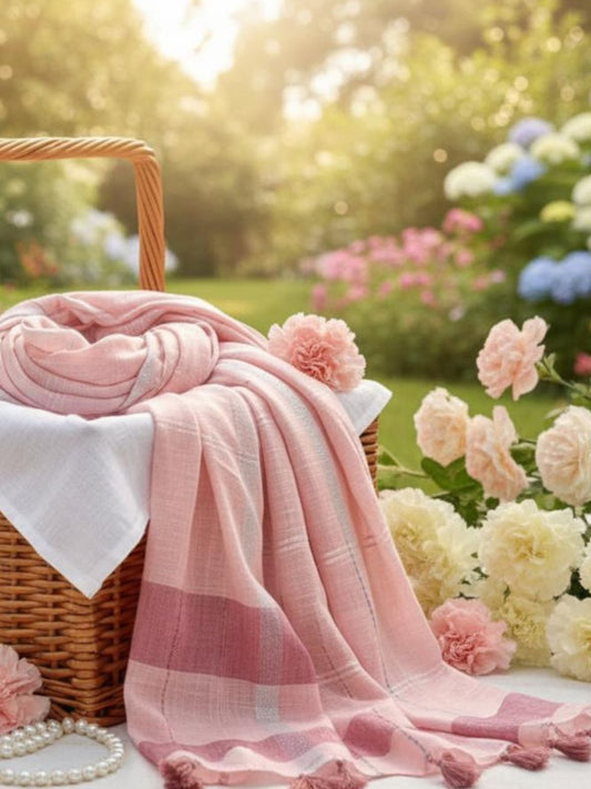 Peach Woven Thread Work Cotton Stole/ Scarf
