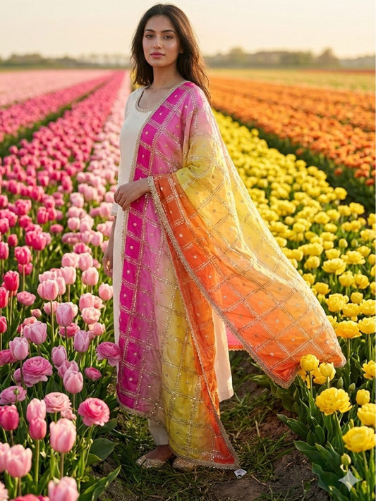 Shaded Chinnon Embroidered Dupatta with Checkered Embroidery