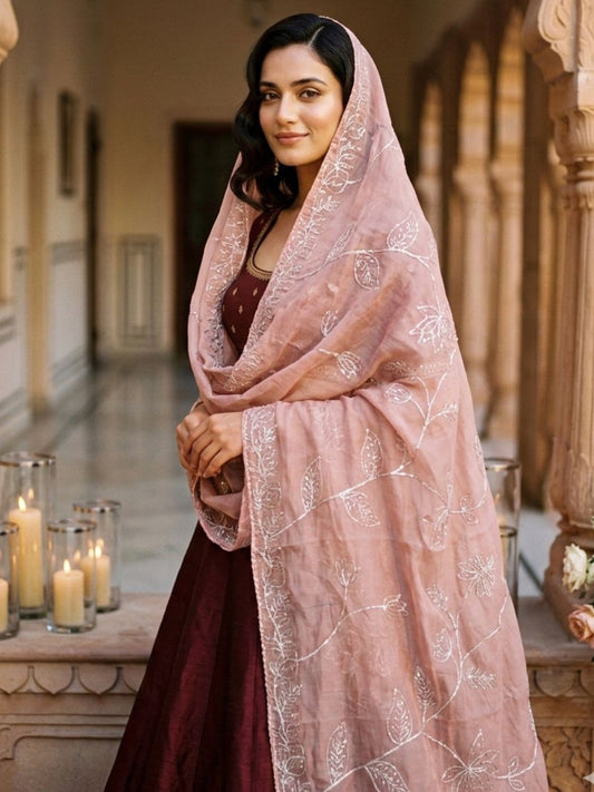 Gotta Ribbon Embroidered Poly Organza Blush Pink Dupatta