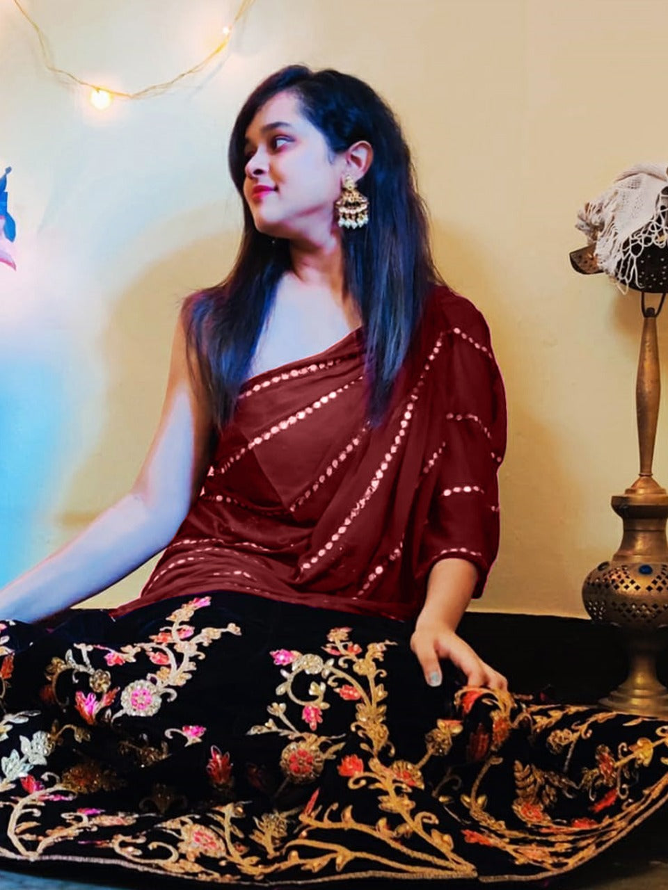 Maroon Chiffon Dupatta with Gotta Patti Work. freeshipping - Dupatta Bazaar