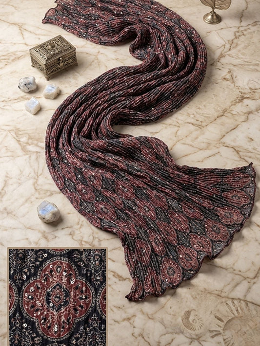 Black & Maroon Pure Cotton Dupatta in Ethnic Flower Motif Print