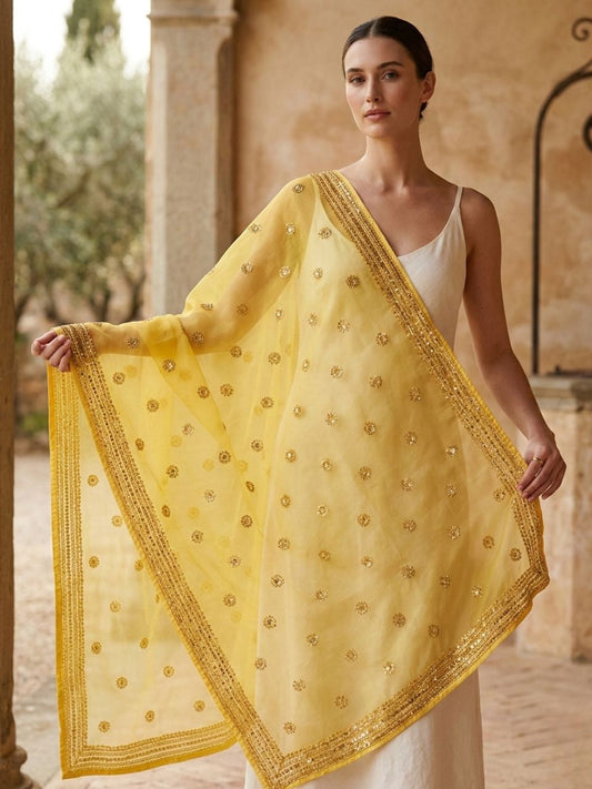 Sequinned & Embellished Salma Sitara Yellow Organza Dupatta