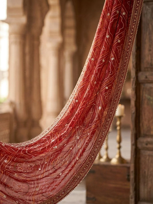 Bandhini Printed Embroidered Red Bridal & Wedding Wear Georgette Dupatta