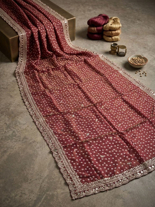 Bandhini Printed & Embroidered Brown Shimmer Chinnon Dupatta with Embellished Border